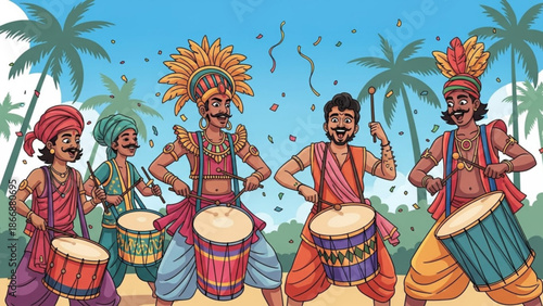 A vibrant illustration of traditional Indian drummers performing in a tropical setting with palm trees and confetti