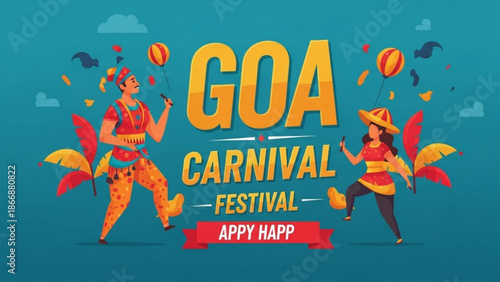 A vibrant illustration of people celebrating the Goa Carnival Festival with colorful decorations and joyful atmosphere