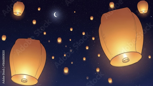 A serene and peaceful vector illustration of glowing lanterns floating in the night sky