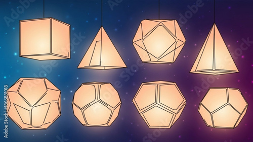 A vector graphic illustration of hanging geometric lanterns in a night sky