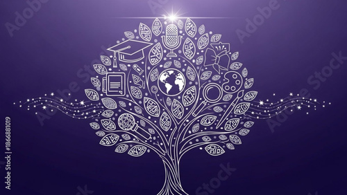 A vector graphic illustration of a tree with various educational icons and symbols, representing learning and knowledge.
