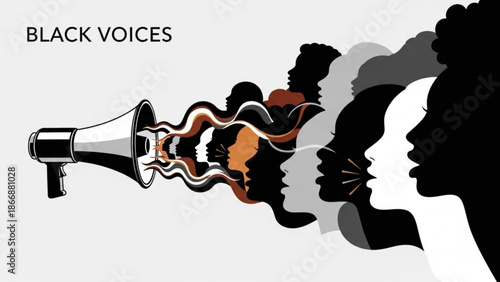 A vector graphic illustration of diverse black silhouettes emerging from a megaphone, symbolizing unity and collective voice.