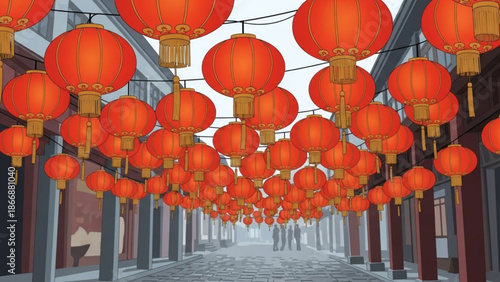 A vibrant illustration of red Chinese lanterns hanging above a traditional street