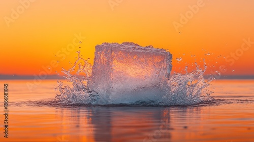 Ice cube splashes into frozen lake, sunrise