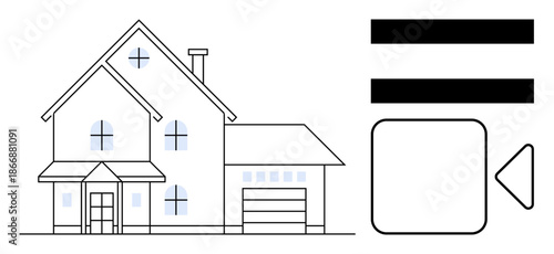Two-story house with garage, windows, and chimney alongside video-related interface elements. Ideal for real estate, home automation, smart living, video communication, online tours, technology