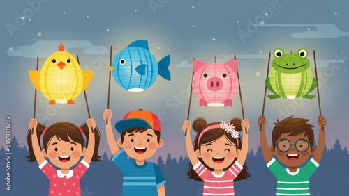 A colorful illustration of happy children holding up animal lanterns in a night sky