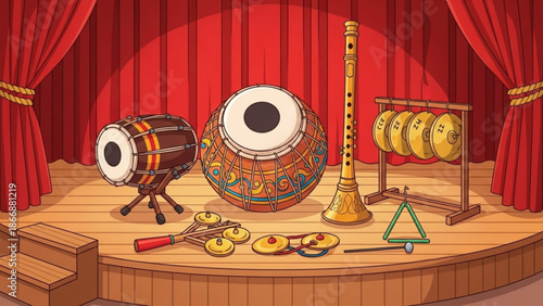 A colorful illustration of traditional Indian musical instruments on a stage