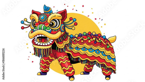 A colorful lion dance illustration with vibrant red, yellow, and blue decorations, symbolizing good luck and prosperity in a festive setting.