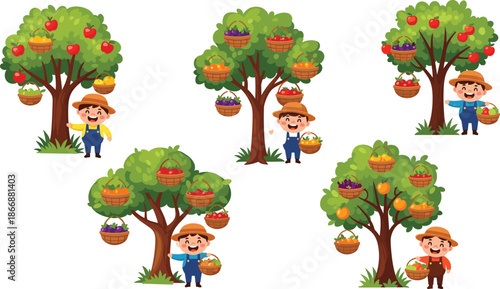 Happy children farmers harvesting apples, oranges, grapes, and fruits from orchard trees, cartoon kids picking baskets, agriculture farm vector illustration