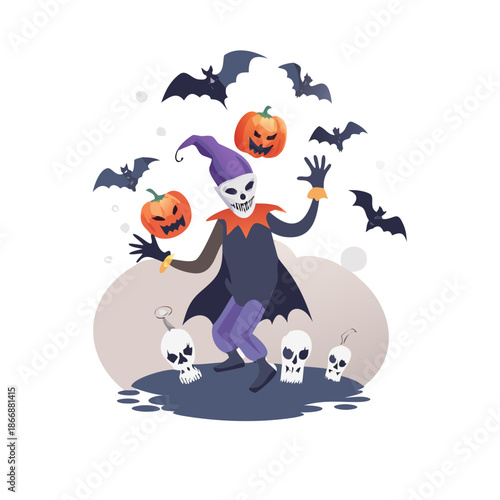 Halloween characters vector art of a sinister jester juggles skulls amidst a swarm of bats, creating a spooky and macabre scene vector