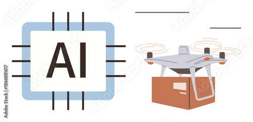 Artificial intelligence, logistics, future technology, automation, smart quadcopters, delivery systems. AI symbol inside a chip and a flying Quadcopter carrying a package. AI and logistics innovation