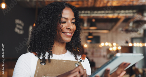 Photos Restaurant, happy woman or waitress reading with tablet, table management or online service platform