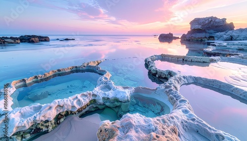 Serene Ocean Landscape with Rock Formations at Sunset.