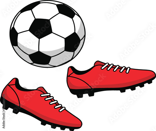 Soccer sports equipment vector set with black and white football and red athletic cleats for football club branding and tournament posters.
