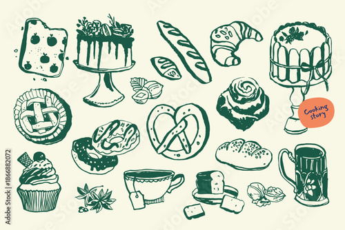 Assortment of Hand Drawn Pastries Including Croissants Baguettes and Cakes.