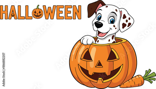 Cute Dalmatian puppy dog inside carved Halloween pumpkin jack o lantern with carrot and text vector illustration for seasonal holiday greeting card.