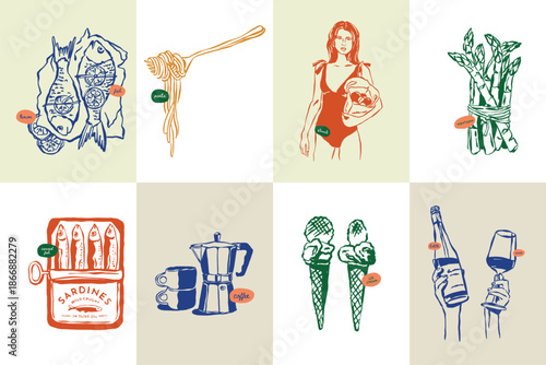 Collection of Vibrant Hand Drawn Food Drink Icons.