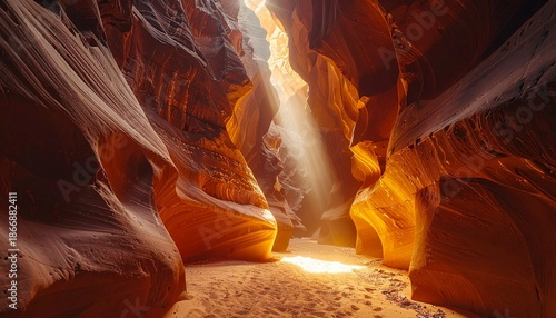 Sunlight Beaming Through Narrow Canyon Passage.
