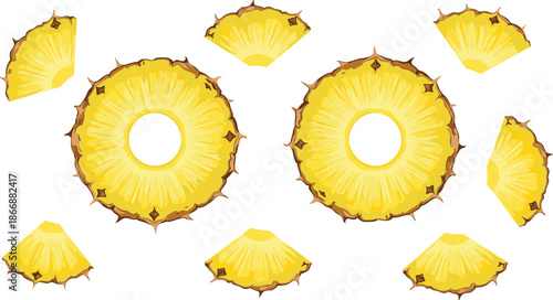 Fresh pineapple slices and wedges vector illustration set featuring yellow fruit rings and pieces isolated on white background for tropical food design.