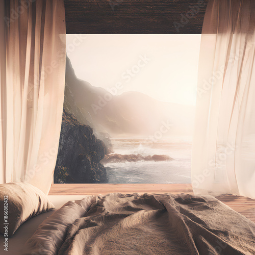 Bedroom with ocean cliff view at sunrise through curtains