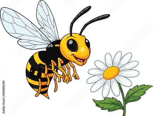 Cartoon bee near white daisy flower, pollination concept, nature icon, ecological design, flat vector illustration, cheerful garden scene