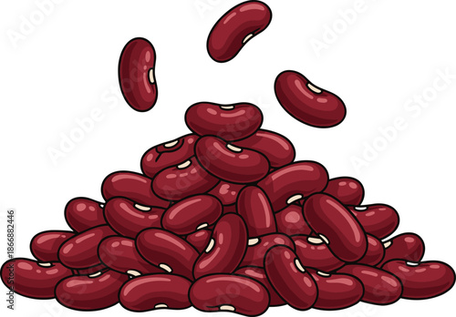 Red kidney beans falling into pile, shiny texture, nutritious legume icon, food ingredient design, flat vector illustration, healthy eating