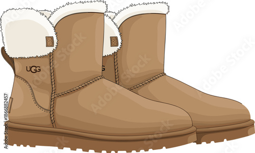 Tan UGG boots with sheepskin lining, cozy winter footwear icon, suede texture design, flat vector illustration, cold weather style