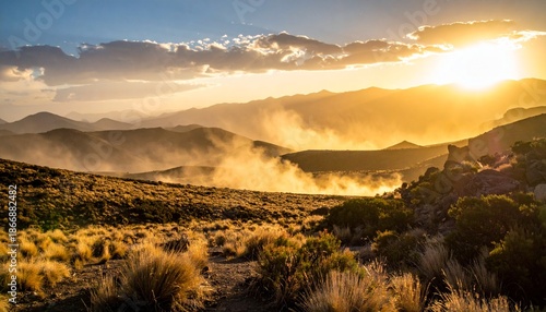 Sunrise Over Mountains and Desert Landscape.