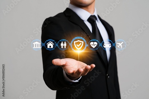 Businessman hand touching a digital button on a virtual touchscreen display to manage a futuristic communication network for global marketing success and innovative technology service concepts