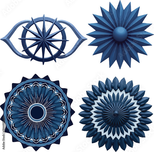 the 24-spoke Ashoka Chakra in a deep navy blue hue, rendered in a clean geometric style with sharp lines and precise