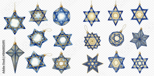 Collection of watercolor Star of David ornaments in blue and gold, perfect for Hanukkah celebrations and Jewish holidays.