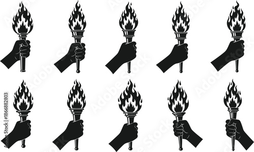 Collection of black silhouette hands holding flaming torches vector illustration set for sports competition victory leadership freedom and olympic game concepts.
