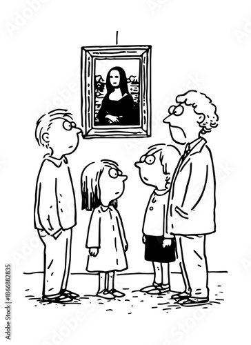 Cartoon of museum visitors staring at a faceless Mona Lisa painting