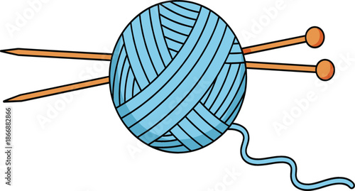Blue ball of yarn with wooden knitting needles vector illustration for handmade crafts DIY hobbies and textile workshop branding.