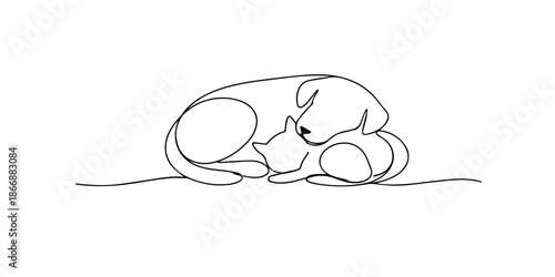Continuous one line drawing of a dog and cat sleeping together in a peaceful pose, symbolizing warmth, trust, harmony, and gentle companionship between pets.
