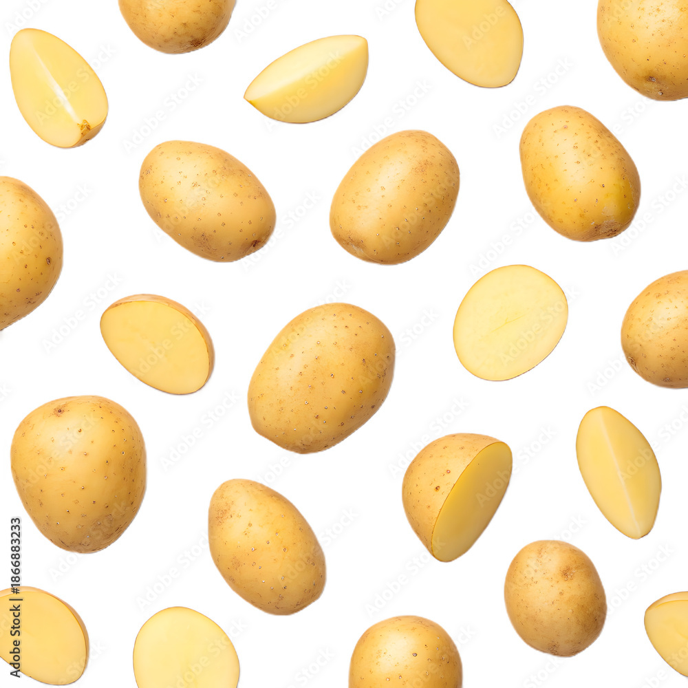 Obraz premium A collection of whole and sliced potatoes scattered on a transparent background.