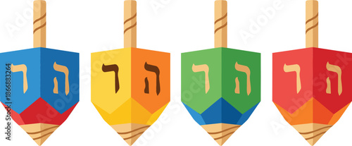 Colorful Hanukkah dreidels vector set with Hebrew letters representing traditional Jewish holiday celebration games and religious festival symbols.