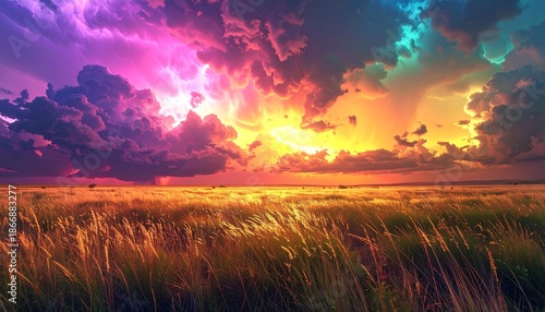 Vibrant Sunset Over Grassy Field Landscape.