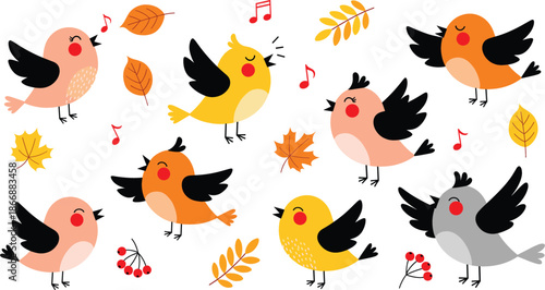 Whimsical singing autumn birds vector set with musical notes and fall leaves for nursery decor and seasonal greeting cards.