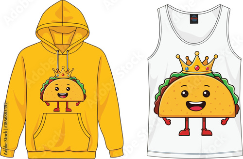 Playful Taco and Hamburger Characters Wearing Crowns, Fun Food Illustration for Kids, Cartoon Fast Food Vector Design for Apparel and Merchandising