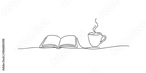Continuous one line drawing of an open book beside a steaming coffee cup, symbolizing cozy reading time, relaxation, learning, and calm minimalist lifestyle.