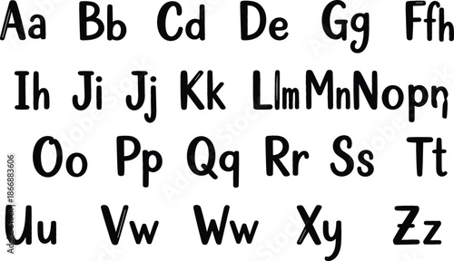 Handwritten black alphabet vector set featuring uppercase and lowercase letters in a playful rounded font for educational school design.