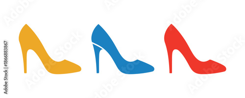 A set of women's shoe icons, all isolated on a white background. This colorful illustration is a hand-drawn vector showcasing fashion. It features the outline silhouette of beauty and glamour.