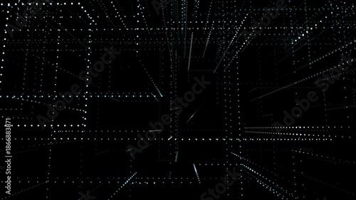 Intricate three dimensional digital grid constructed from glowing blue and white dots and lines extending into darkness creating a sense of depth and complex data structures in a futuristic
