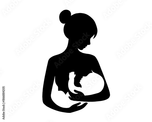 silhouette of mother breastfeeding baby, icon isolated on white background
