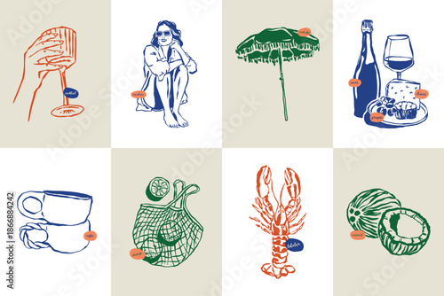 Colorful Line Art Illustrations of Leisure Objects and Foods.