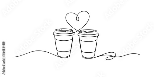 Continuous one line drawing of two takeaway coffee cups connected by a heart shape, symbolizing love, connection, togetherness, and modern coffee lifestyle.