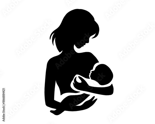 silhouette of mother breastfeeding baby, breastfeeding area symbol, icon isolated on white background
