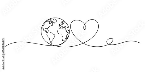 Continuous single line drawing showing a globe with visible continents connected to a heart shape, symbolizing global love, unity, and human connection.