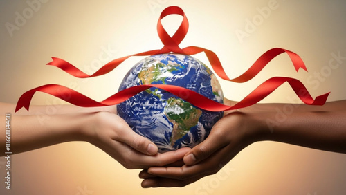 A pair of hands holding the Earth wrapped with a red ribbon symbolizing global unity and awareness